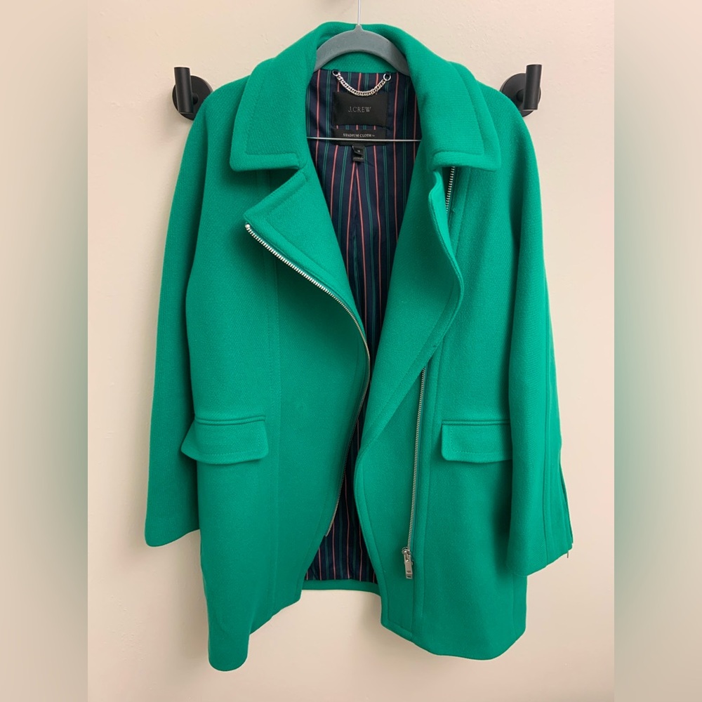 J Crew Women’s Wool Blend Emerald Green Long Two Way Zip Coat Jacket Size 12 - Picture 9 of 16